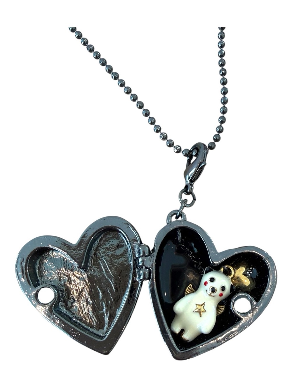 Betsy Johnson Heart Locket Necklace with White Bear Charm - Silver Tone